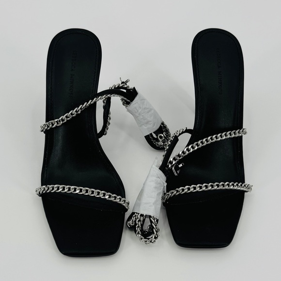 Rebecca Minkoff Edie Chain Strappy Black Heels Size 7.5 Leather Square Toe - Picture 2 of 11